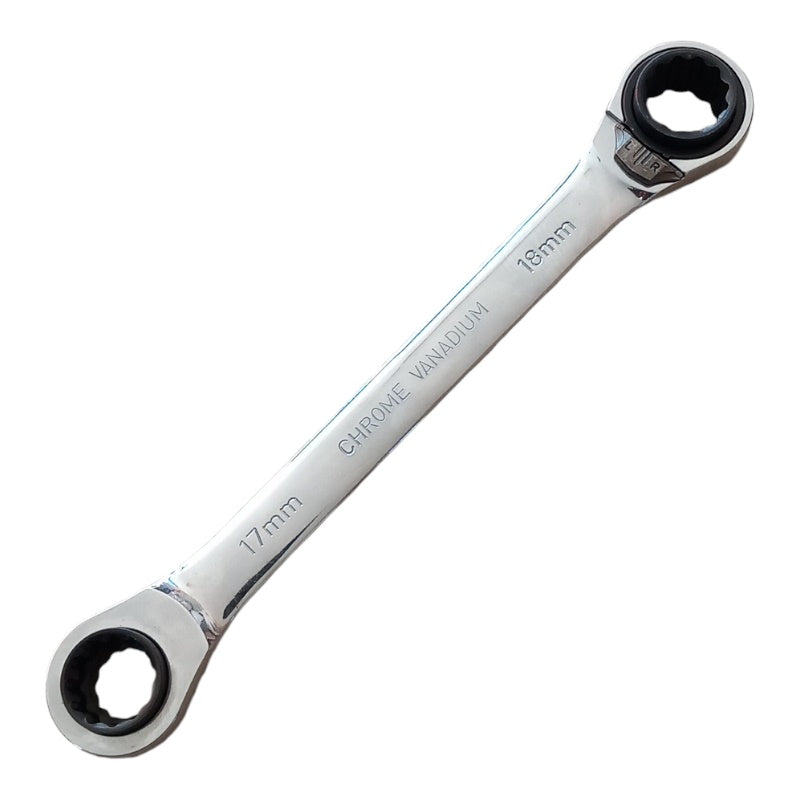 Professional double ratchet combination wrench with 2 sizes on each side + lever