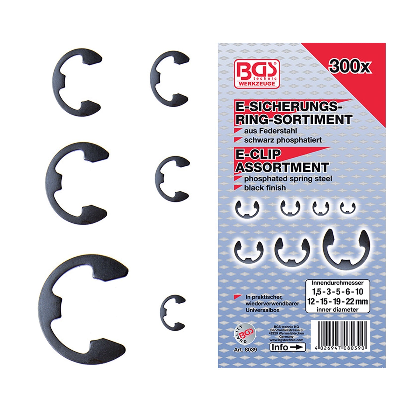 Assortimento 300 Pezzi E-Clip Metriche 1,5-22 mm art.BGS8039 BIBA-RICAMBI