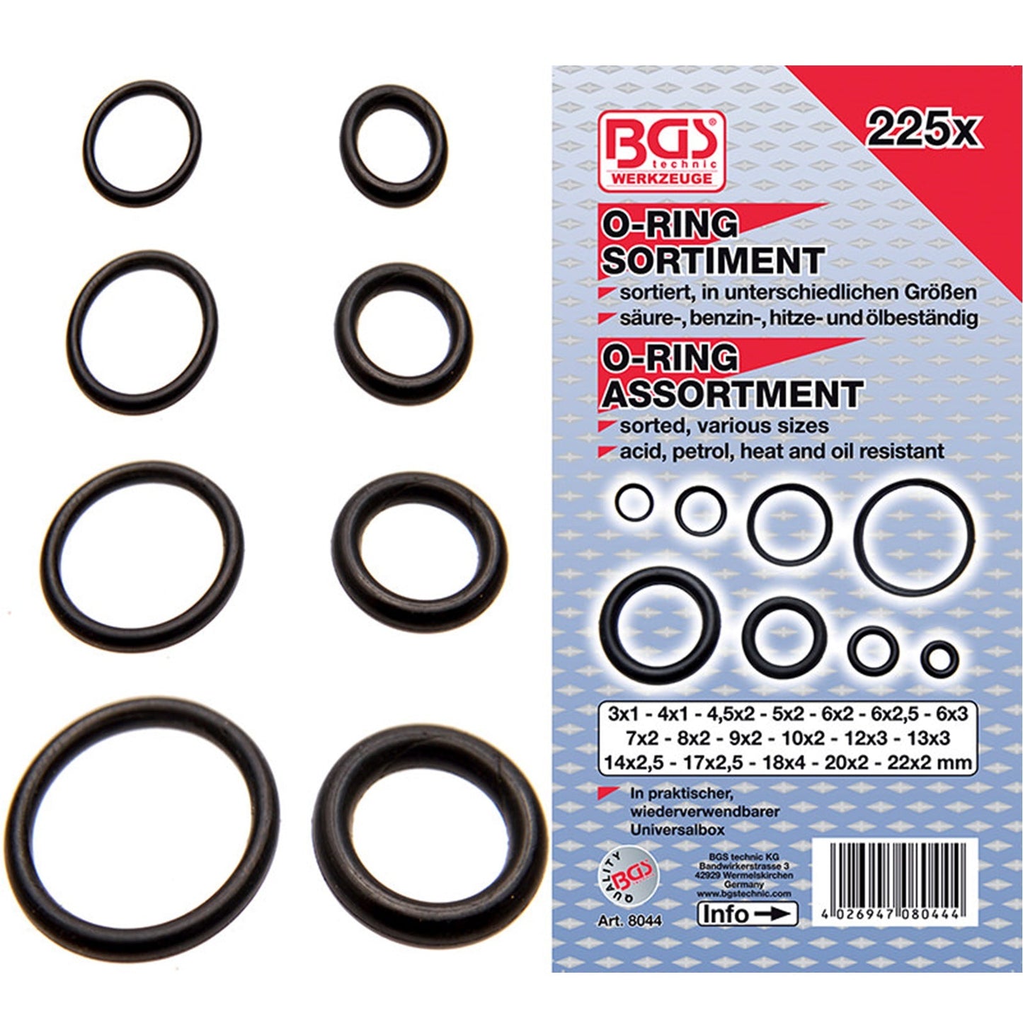 Assortimento 225 Pezzi O-Ring Ø 3-22 mm art.BGS8044 BIBA-RICAMBI