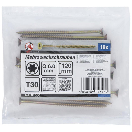 Set 18 Viti da Legno 6,0 x 120 mm Torx TX30 art.BGS81000 BIBA-RICAMBI