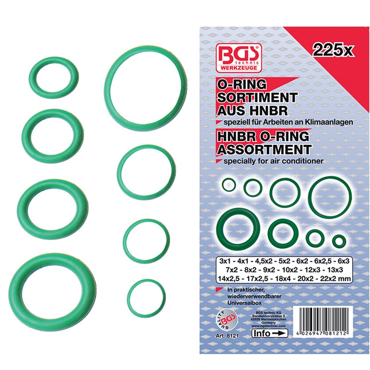 Assortimento 225 Pezzi O-Ring HNBR Ø 3-22 mm art.BGS8121 BIBA-RICAMBI