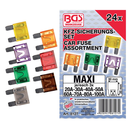 Assortimento 24 Pezzi Maxi Fusibili Per Auto art.BGS8127 BIBA-RICAMBI