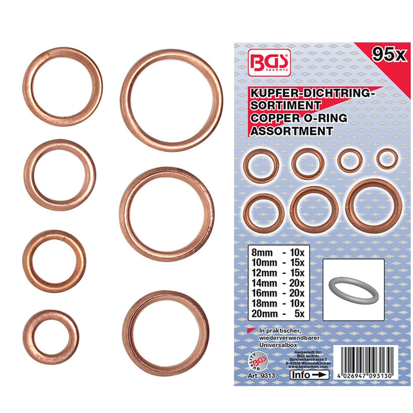 Assortimento 95 Pezzi O-Ring in Rame Ø 6-20 mm art.BGS9313 BIBA-RICAMBI