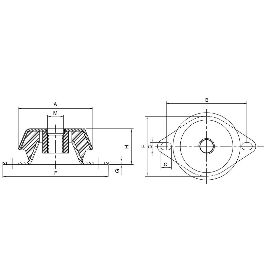 Bell-shaped anti-vibration support with threaded nut M16 | Diameter Ø 92 | Load 380