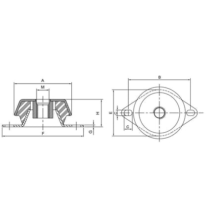 Bell-shaped anti-vibration support with threaded nut M16 | Diameter Ø 92 | Load 380